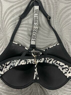 Victoria's Secret Black Bra with White Leopard Trim and Rhinestone Racerback